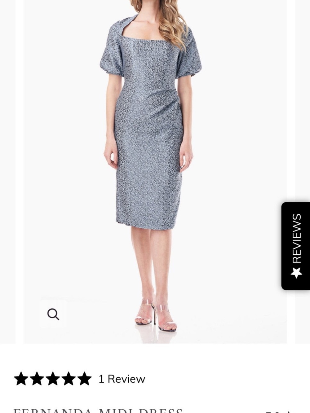 Kay Unger Silver-Blue Jacquard Midi Dress with Puff Sleeves